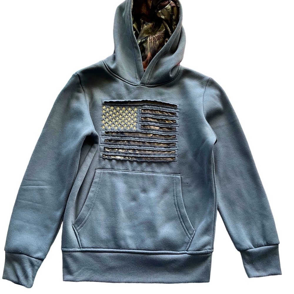 Mossy Oak Boys Camo American Flag Cutout Distressed Gray Hoodie Size Boys 10